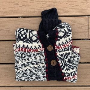 FREE PEOPLE white, black, navy and red knit cardigan with wooden button details